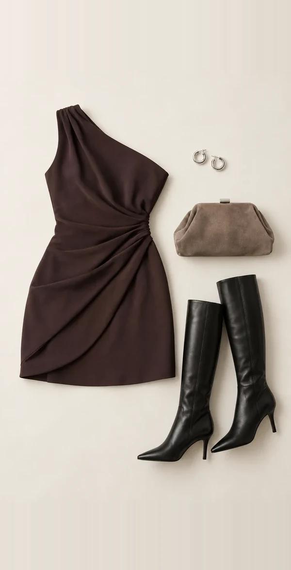 An original outfit with a one-shoulder plum-brown dress, black boots and a taupe clutch